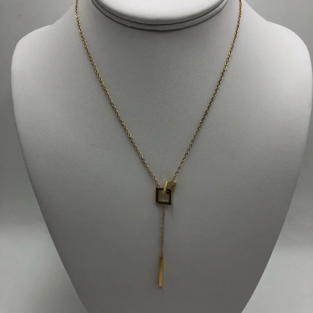 18K Gold Plated Women's Dual Interlocking Square Charm Dangle Necklace Harmony